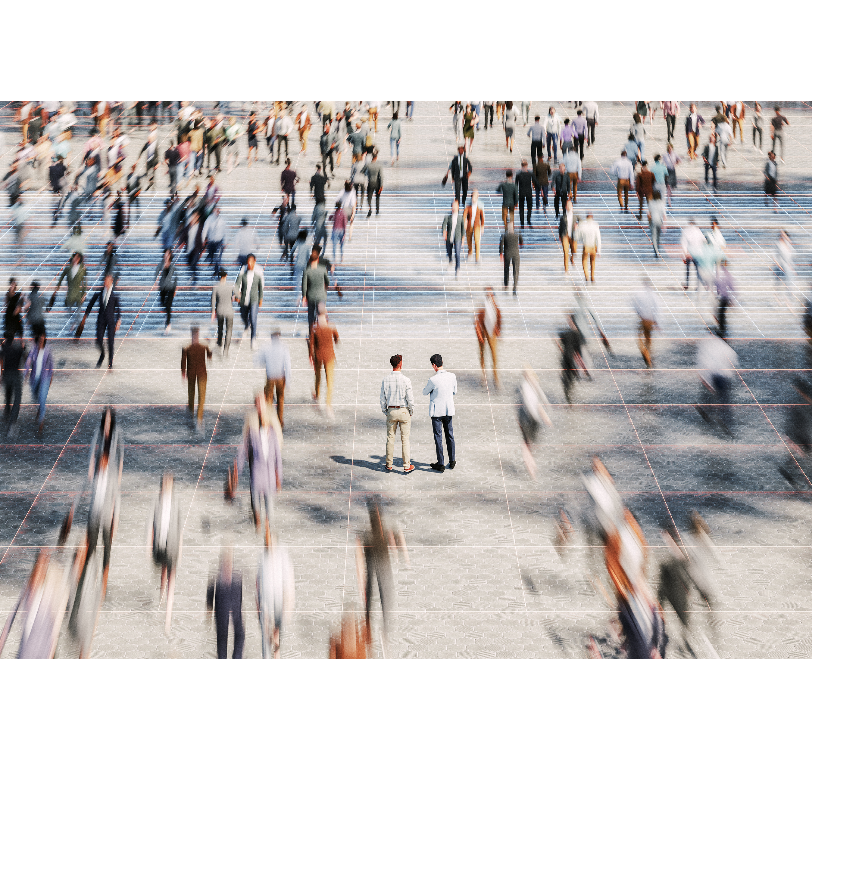 Businessmen on the street standing in crowds of walking people. 3D generated image.