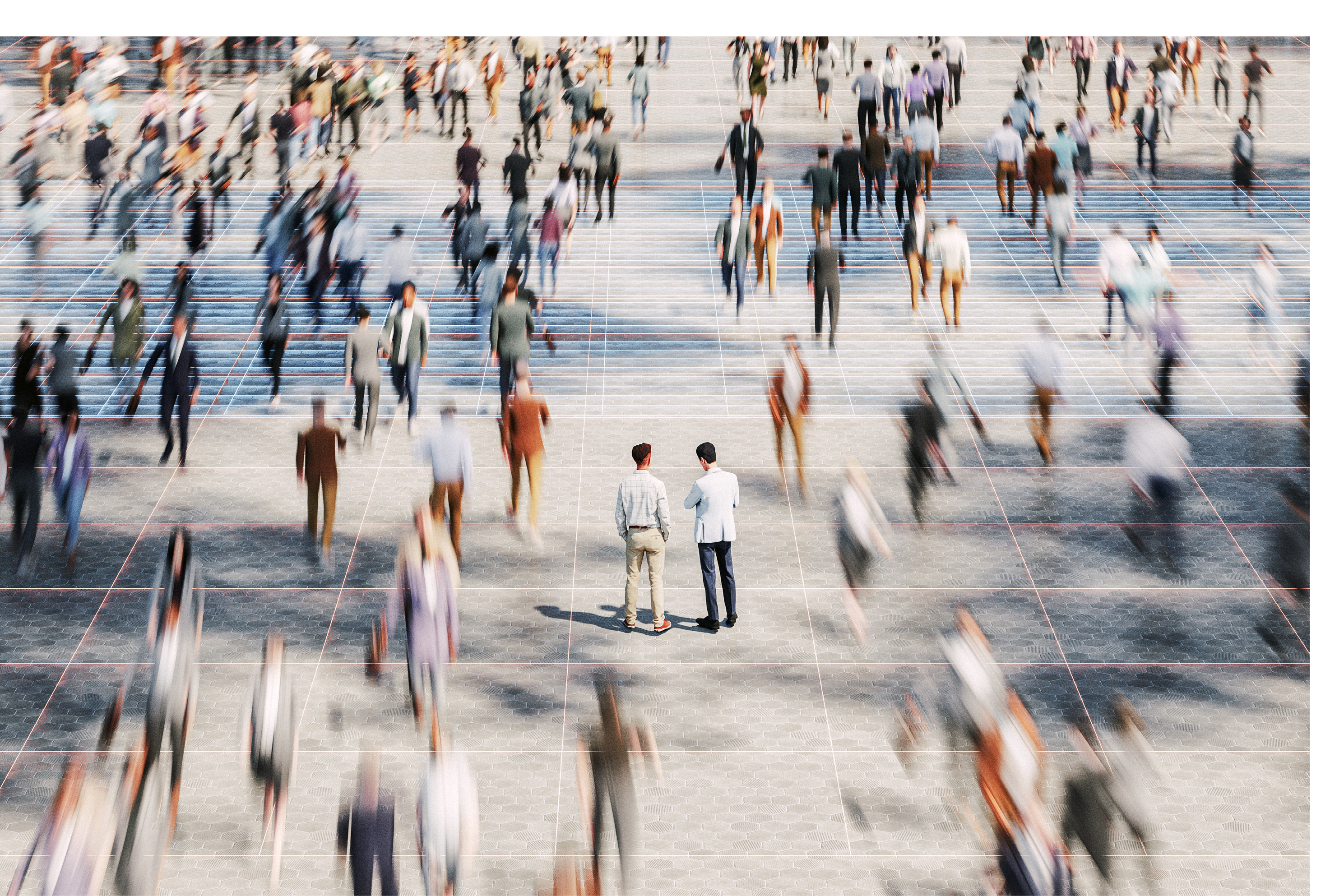 Businessmen on the street standing in crowds of walking people. 3D generated image.