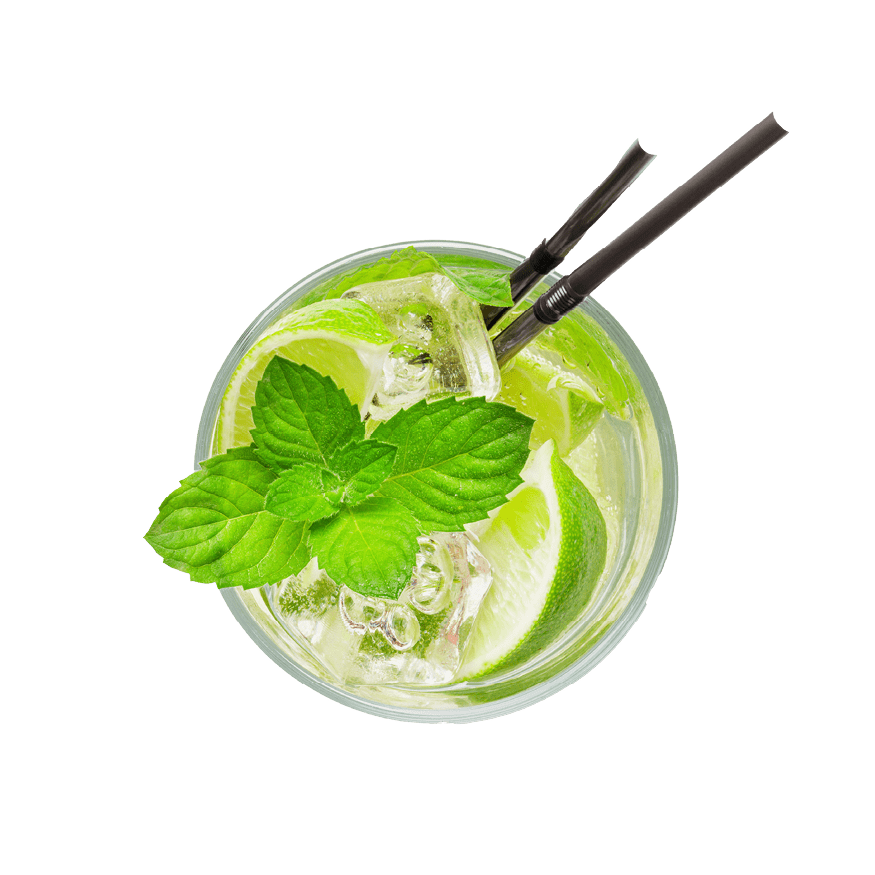 Mojito with lime and mint classic cocktail  Isolated on white background  Top view flat lay