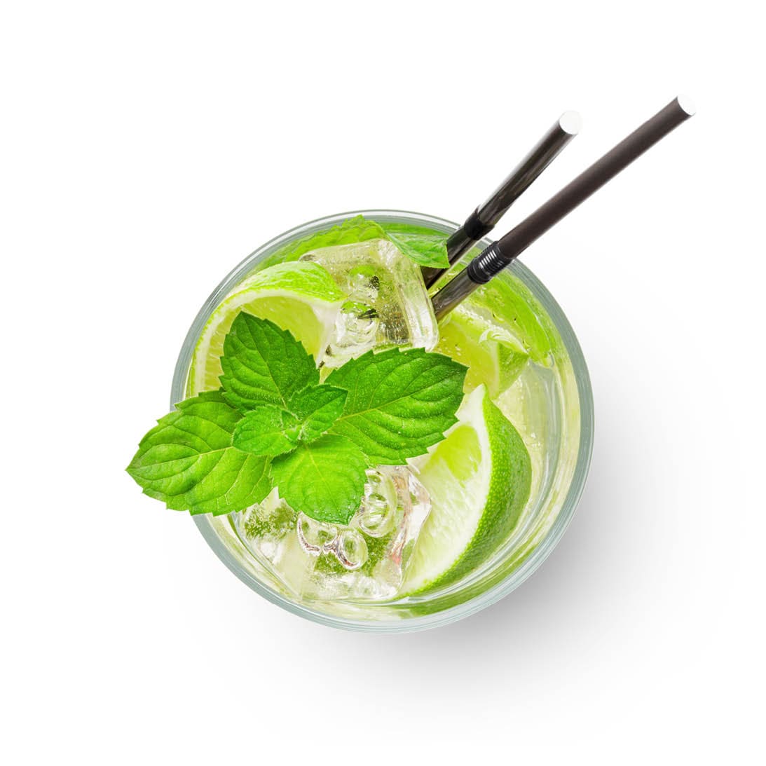 Mojito with lime and mint classic cocktail  Isolated on white background  Top view flat lay