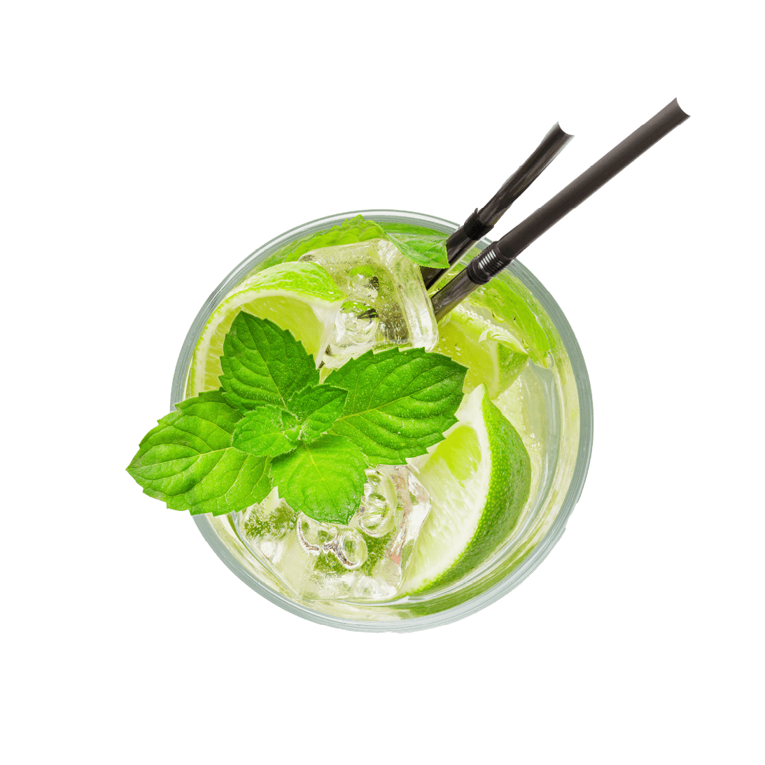 Mojito with lime and mint classic cocktail  Isolated on white background  Top view flat lay