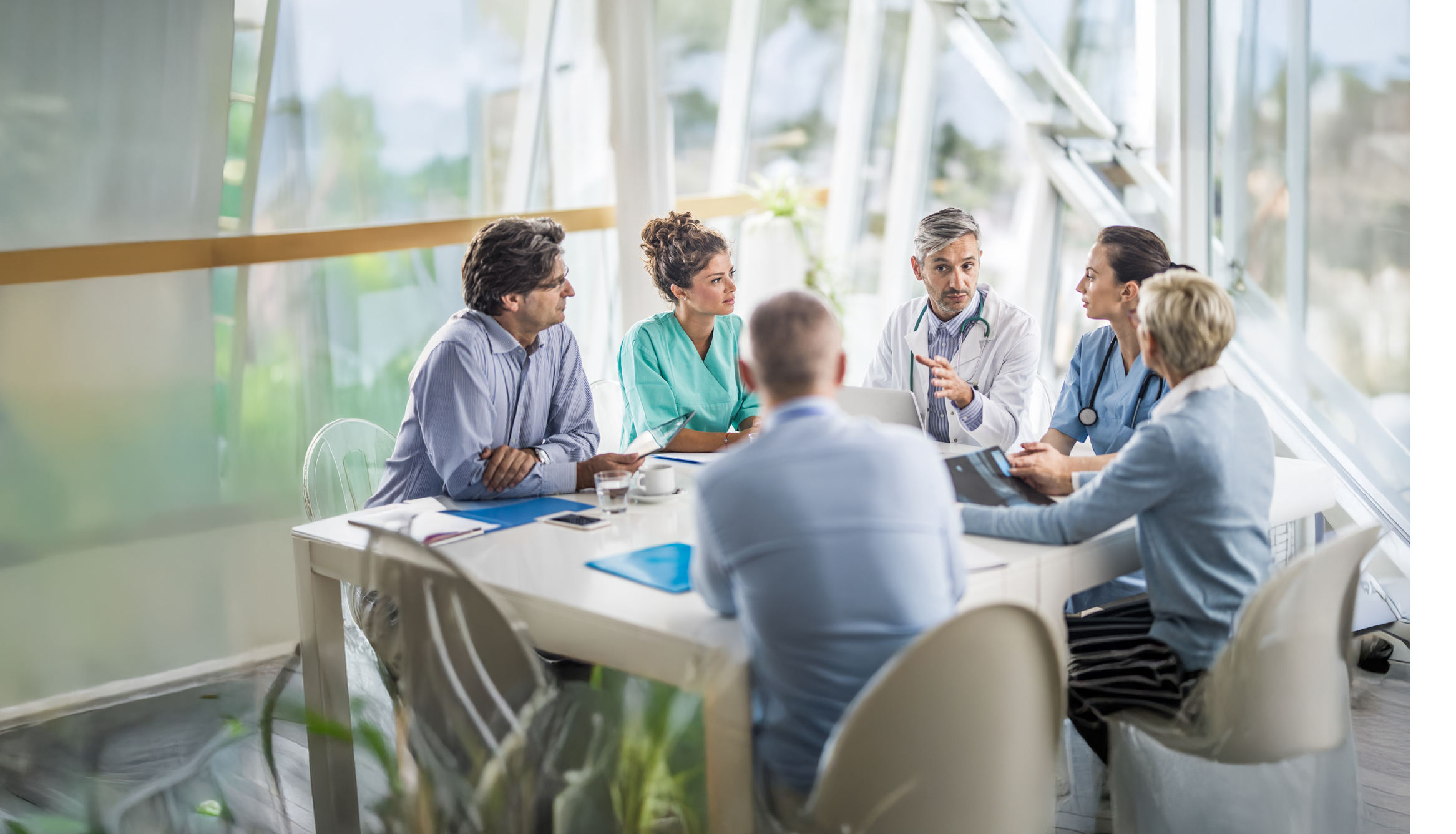 Male doctor and his female colleagues talking to team of business people on a meeting in the hospital.