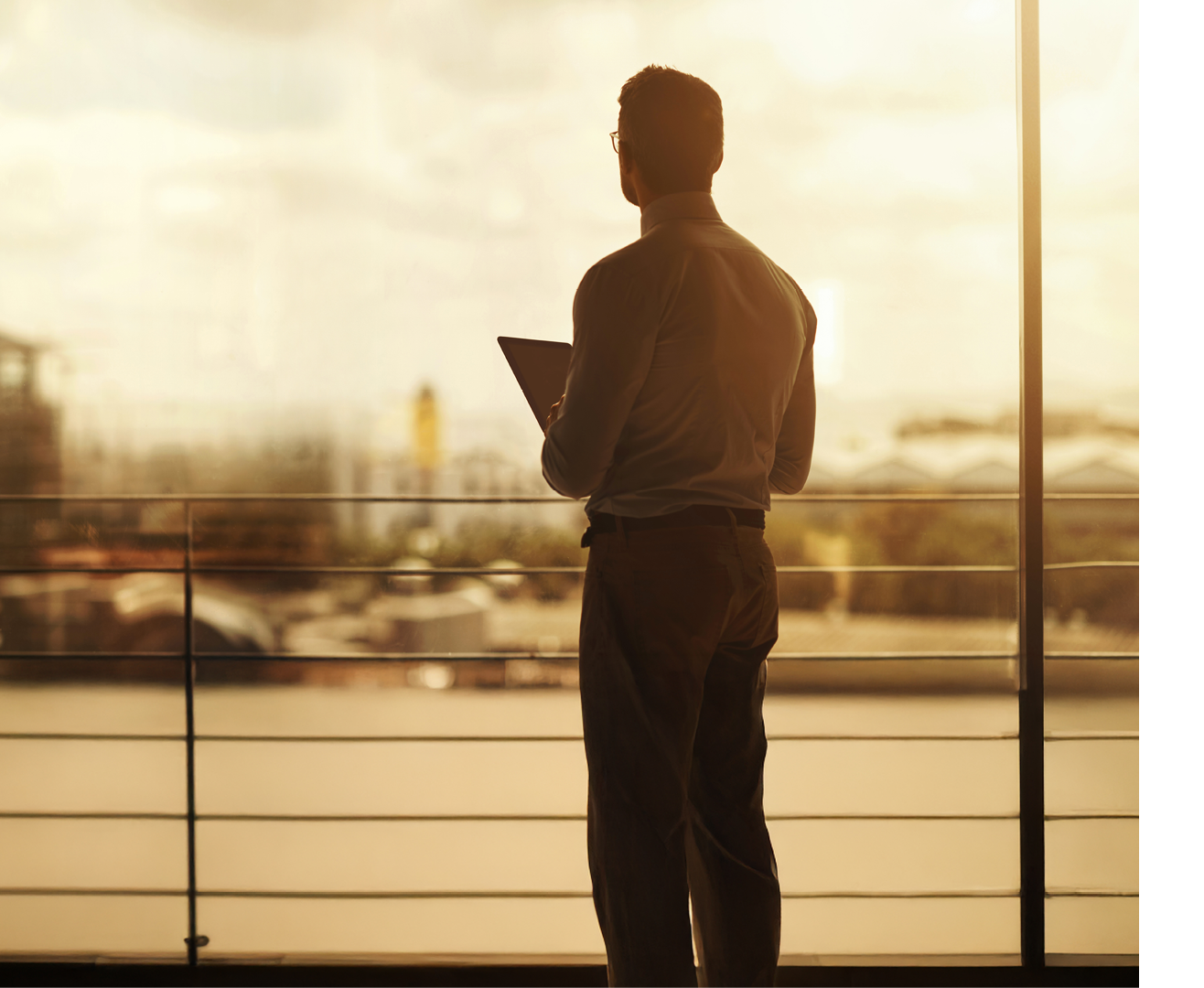 Silhouette of a mature businessman standing in front of an office window and using a digital tablet