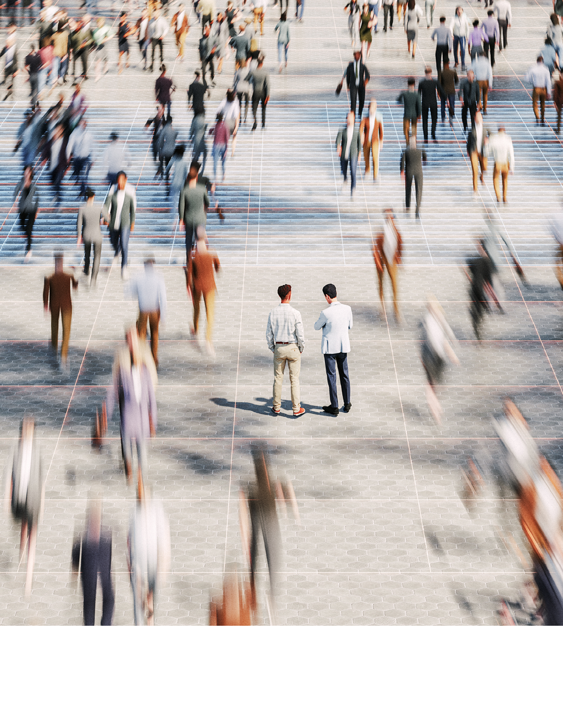 Businessmen on the street standing in crowds of walking people. 3D generated image.