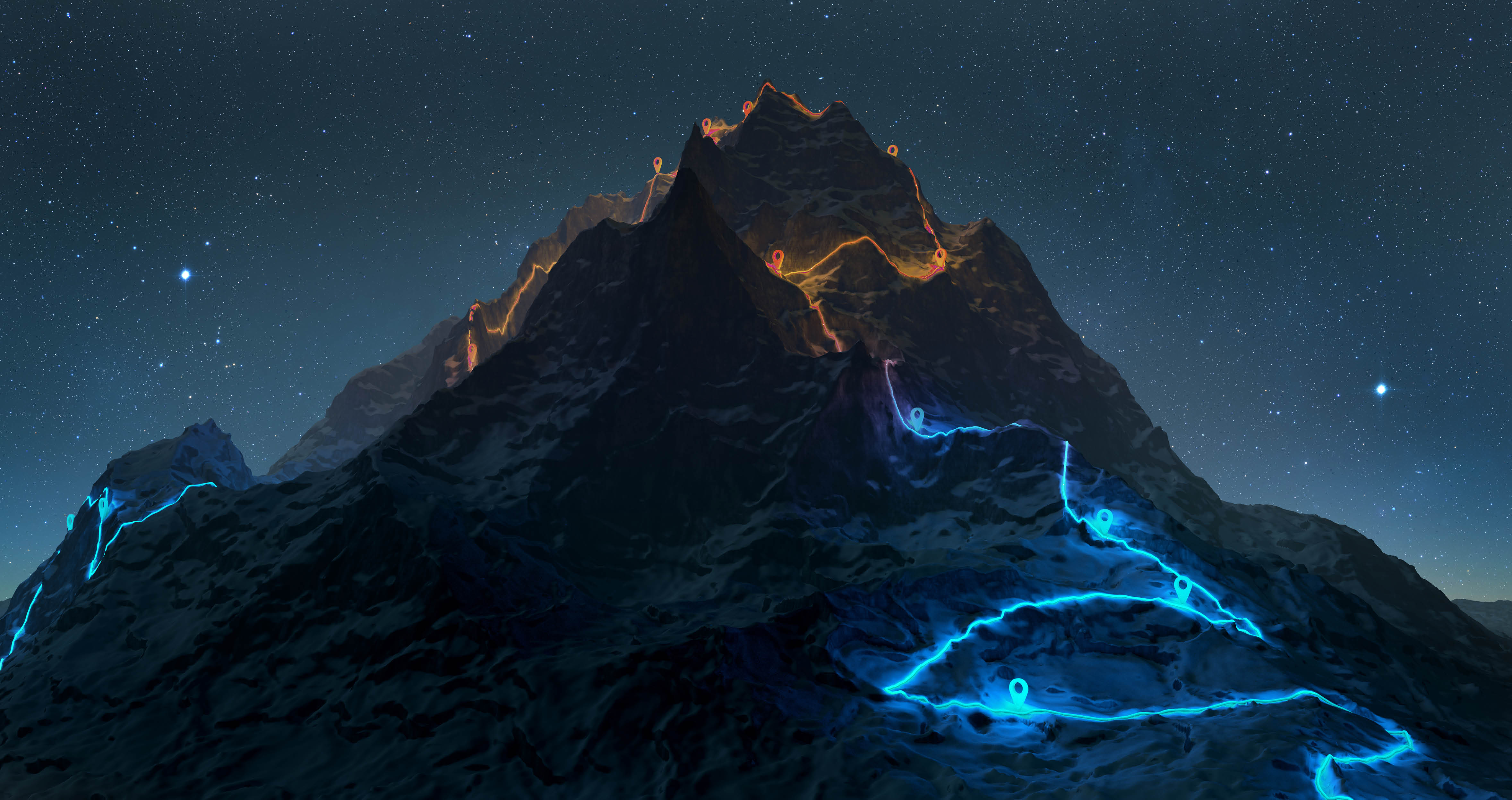 Overview of a winding hiking trail through the mountains with placemarks - 3d illustration