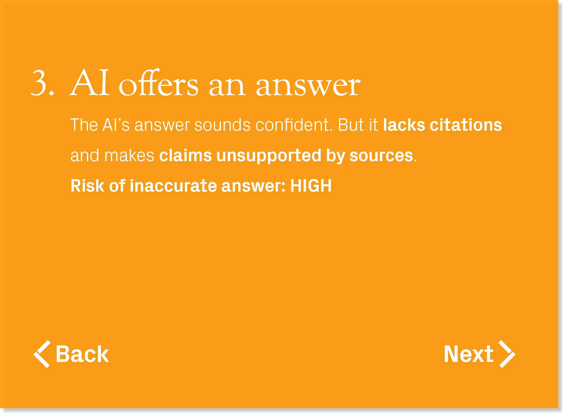 The AI’s answer sounds confident. But it lacks citations and makes claims unsupported by sources. Risk of inaccurate ...
