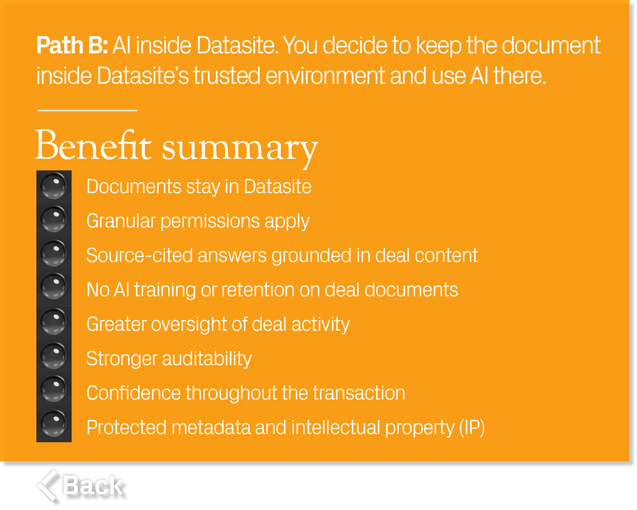 Documents stay in Datasite Granular permissions apply Source cited answers grounded in deal content No AI training or...