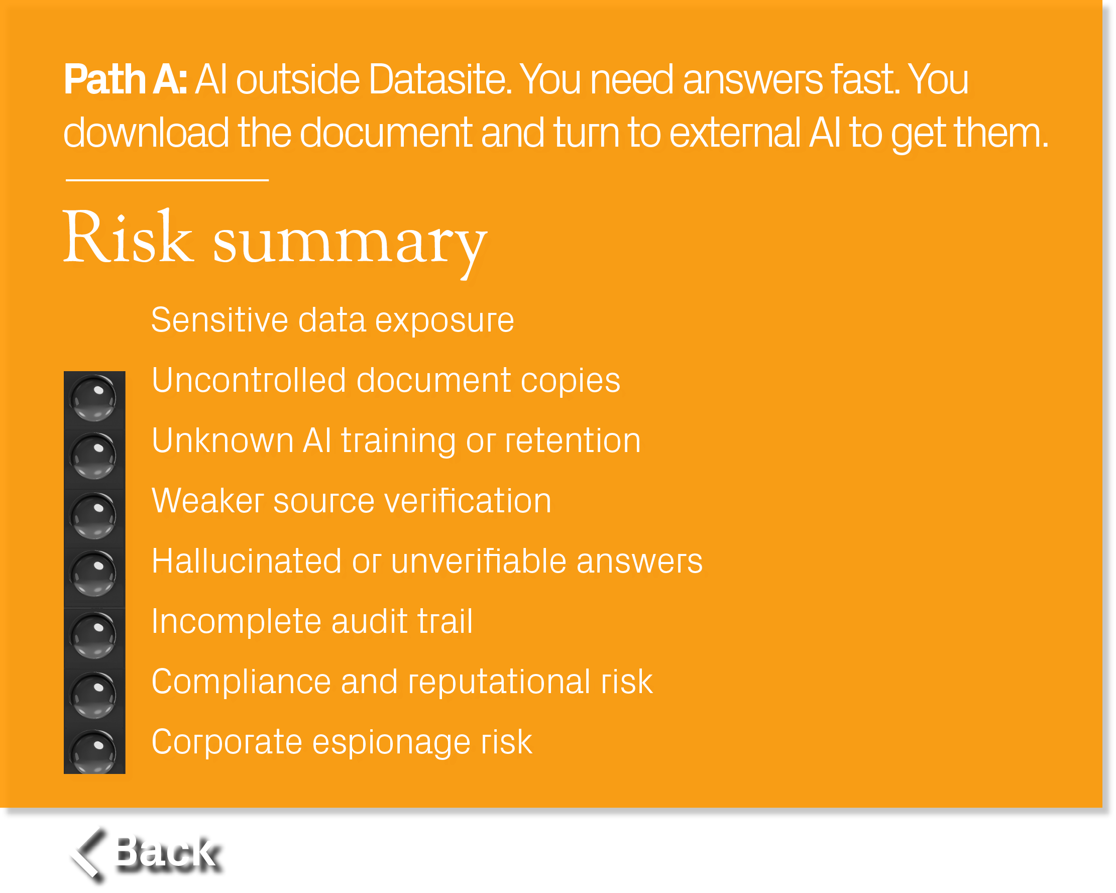 Sensitive data exposure Uncontrolled document copies Unknown AI training or retention Weaker source verification Hall...