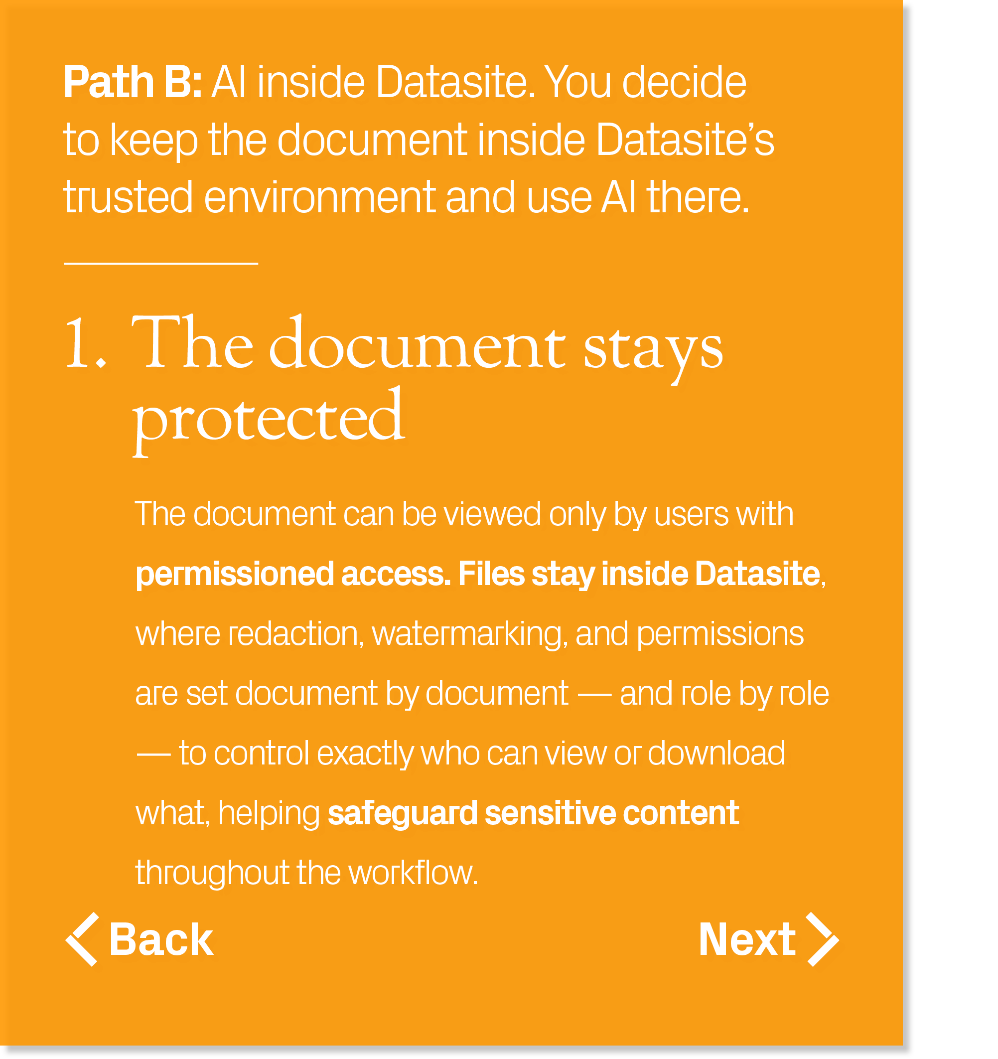 The document can be viewed only by users with permissioned access. Files stay inside Datasite, where redaction, water...