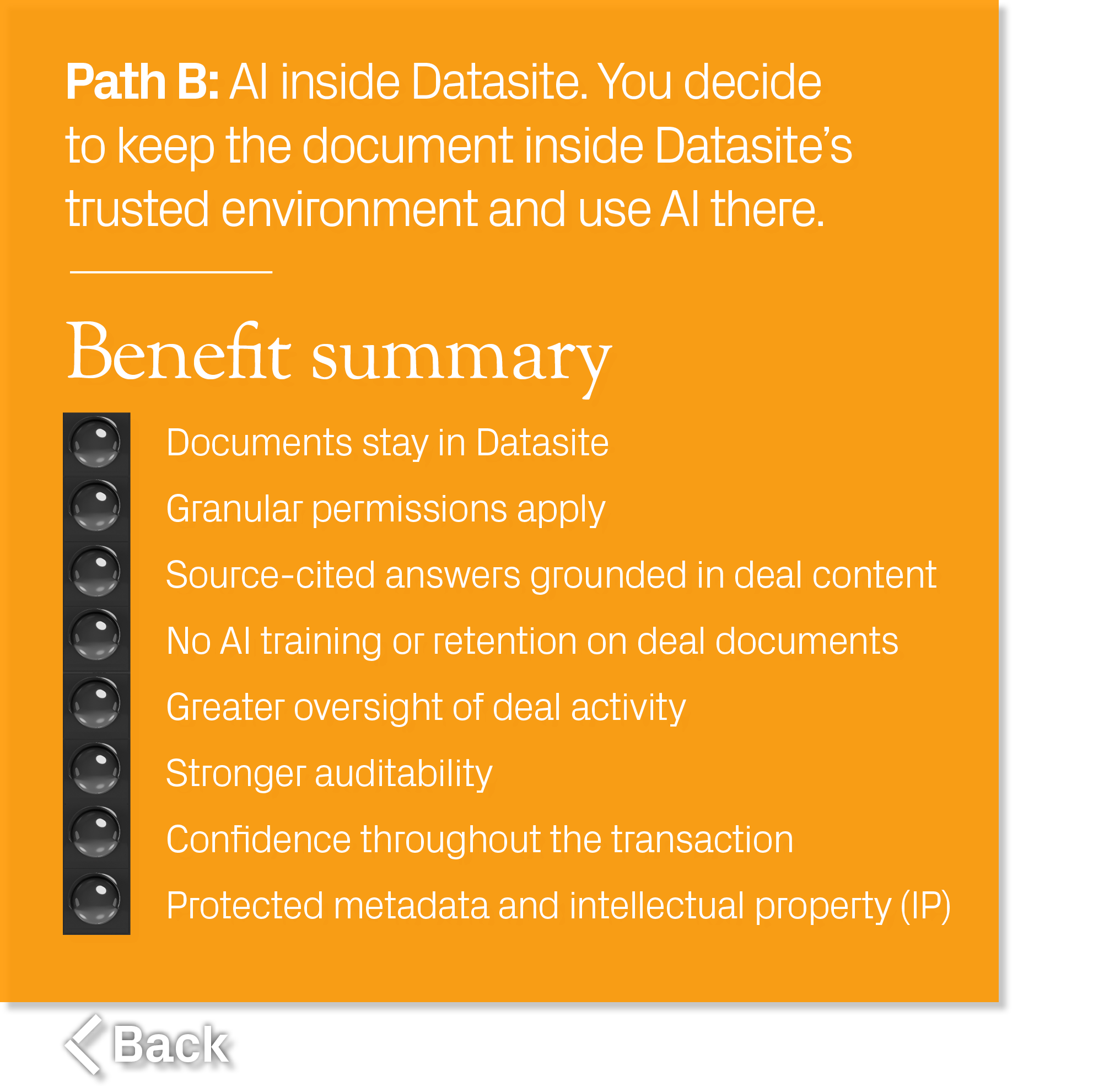 Documents stay in Datasite Granular permissions apply Source cited answers grounded in deal content No AI training or...