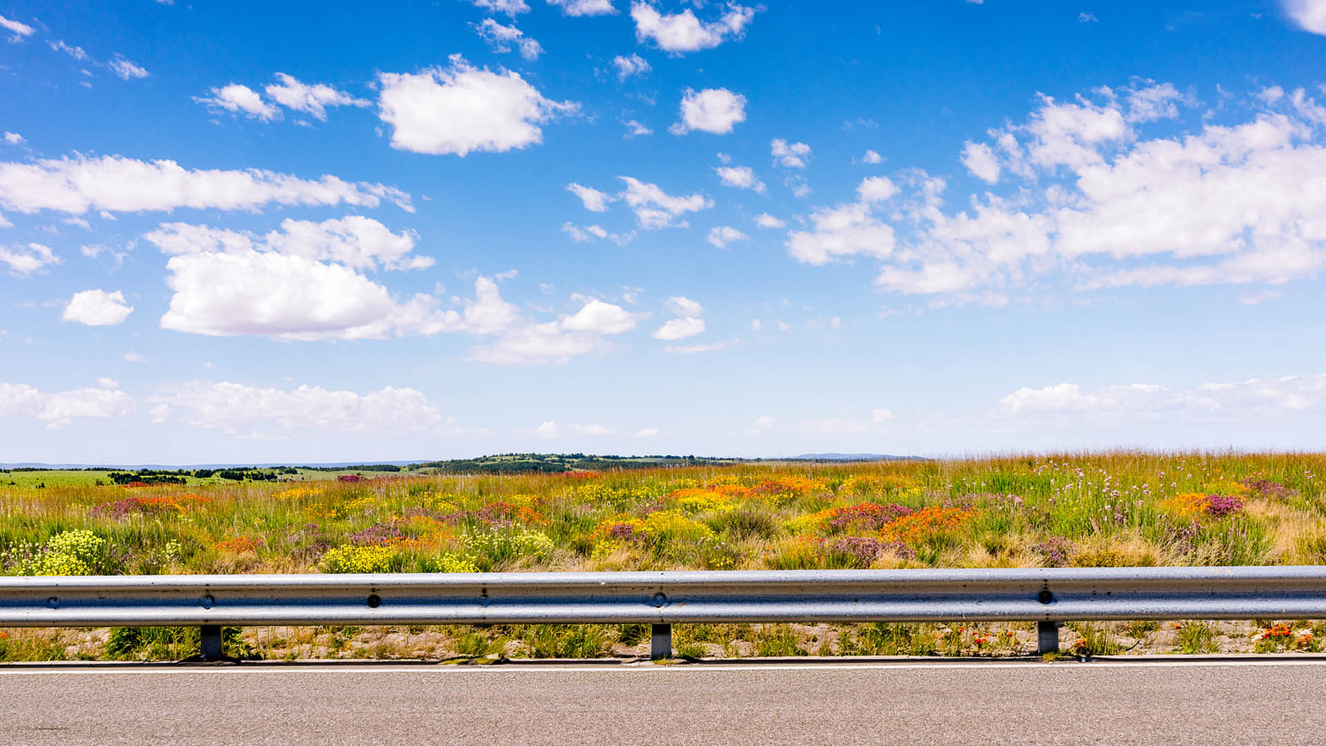 A horizon of rural land in Utah, USA, with the asphalt surface of the highway in the foreground.