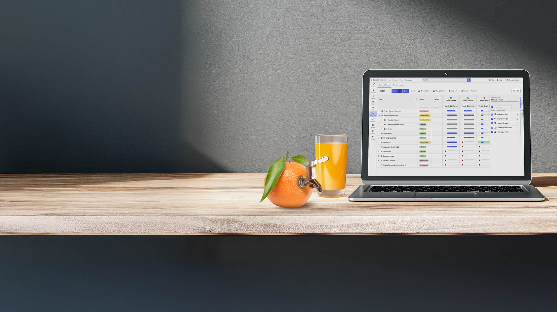 Front view on blank white modern laptop monitor with space for web design, website or landing page on wooden work table with coffee mug and sunlit black wall background. 3D rendering, mock up