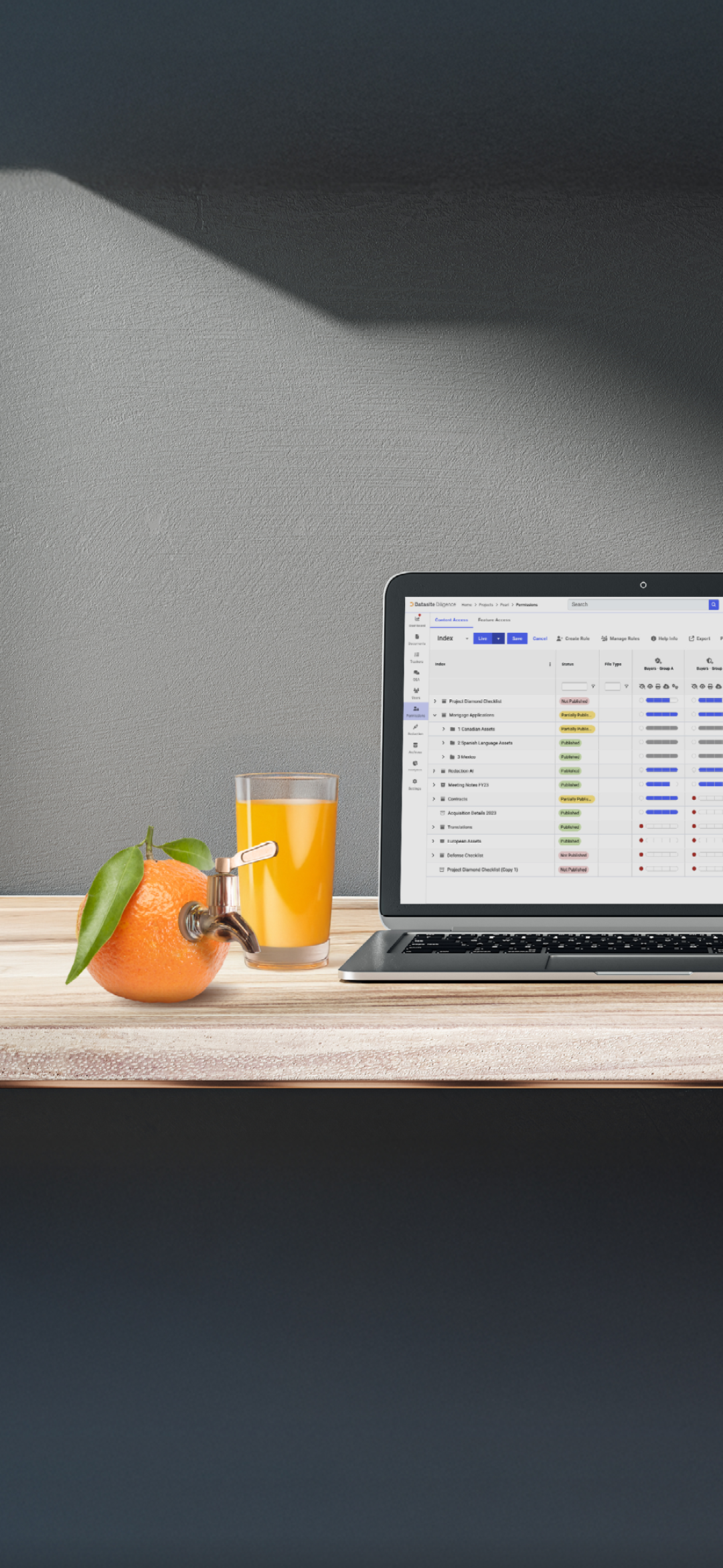 Front view on blank white modern laptop monitor with space for web design, website or landing page on wooden work table with coffee mug and sunlit black wall background. 3D rendering, mock up