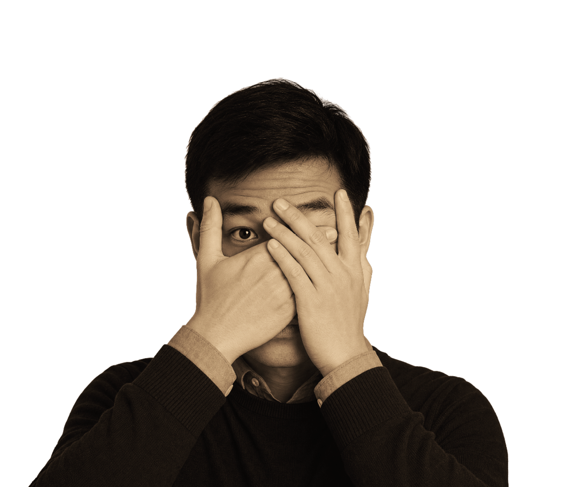 A man with dark hair and a brown shirt covering his face. Description generated by AI