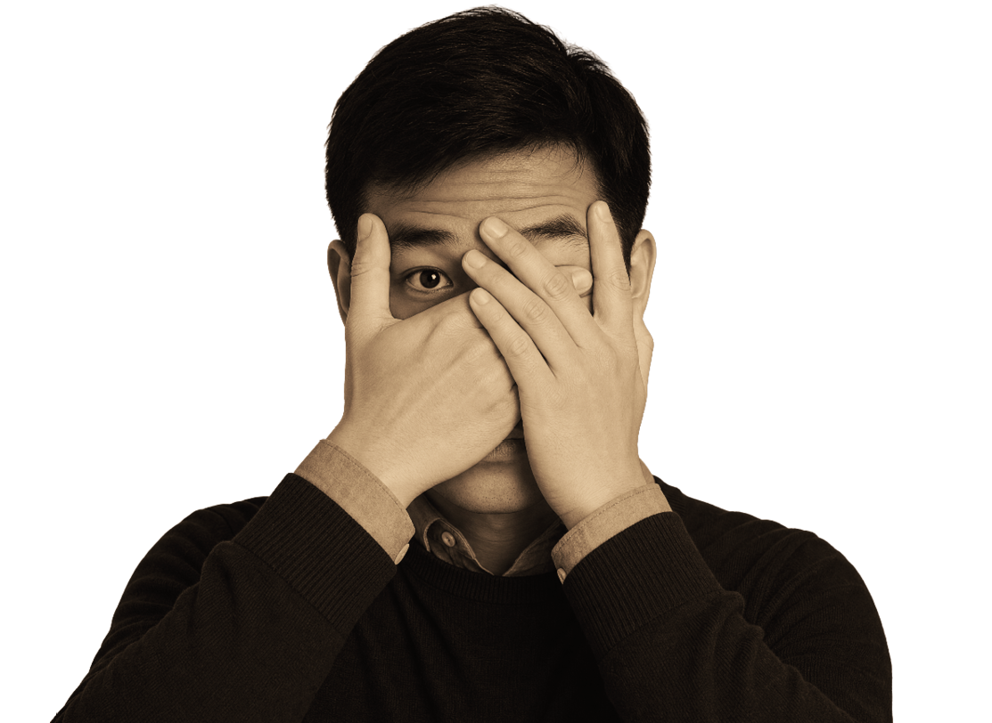 A man with dark hair and a brown shirt covering his face. Description generated by AI