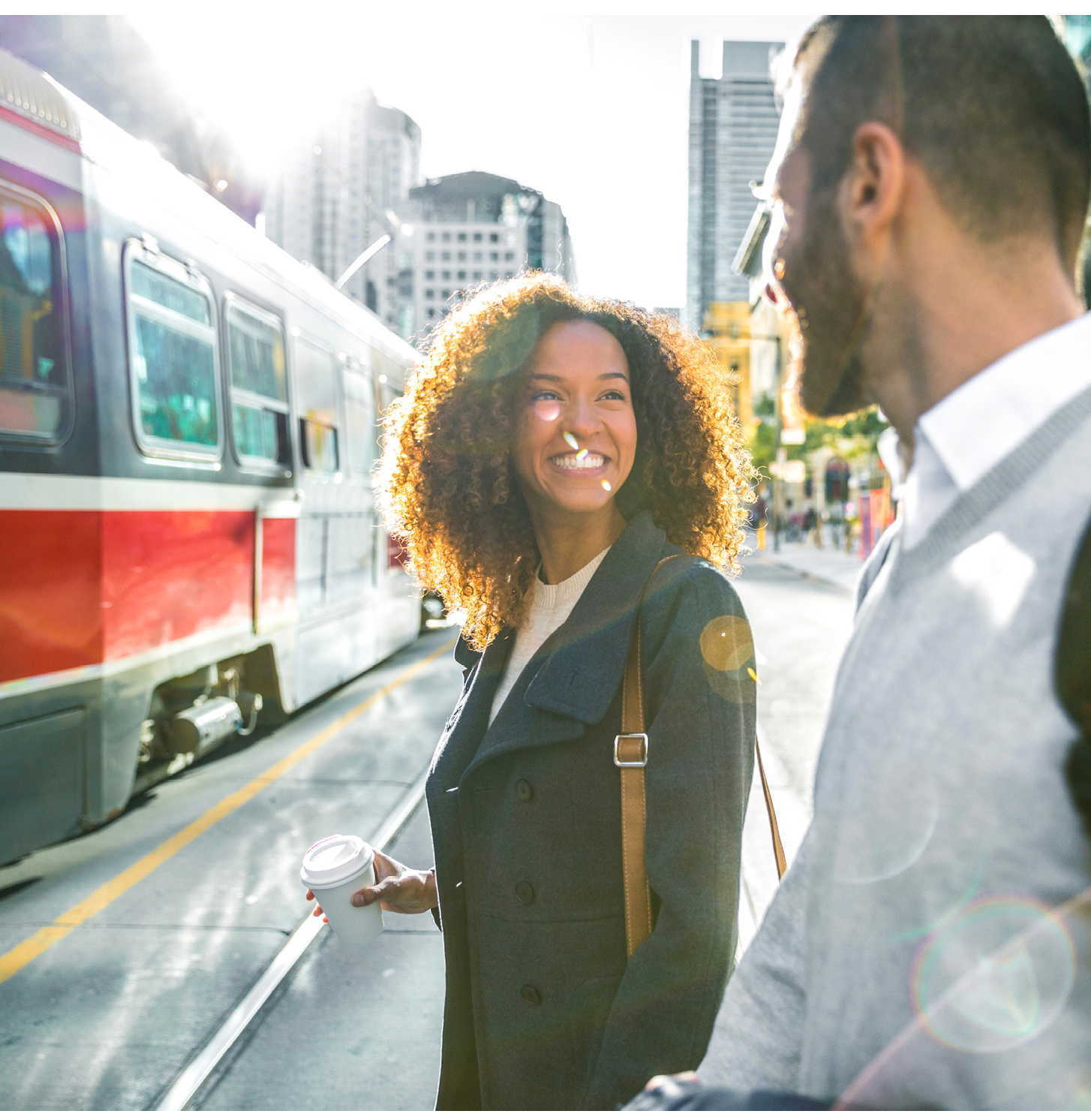 People meet up in downtown going to work in the morning. Toronto, Canada.