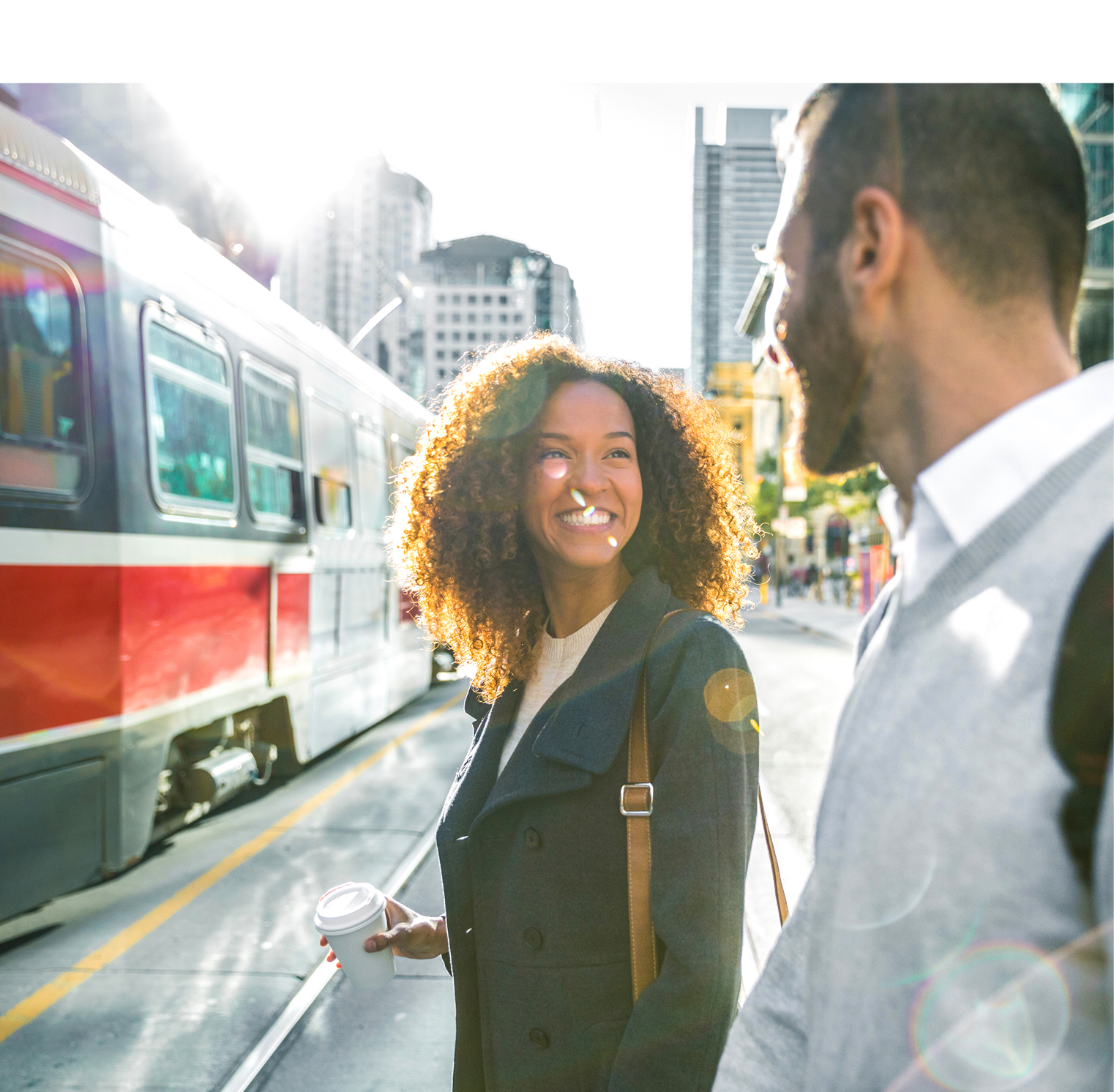 People meet up in downtown going to work in the morning. Toronto, Canada.