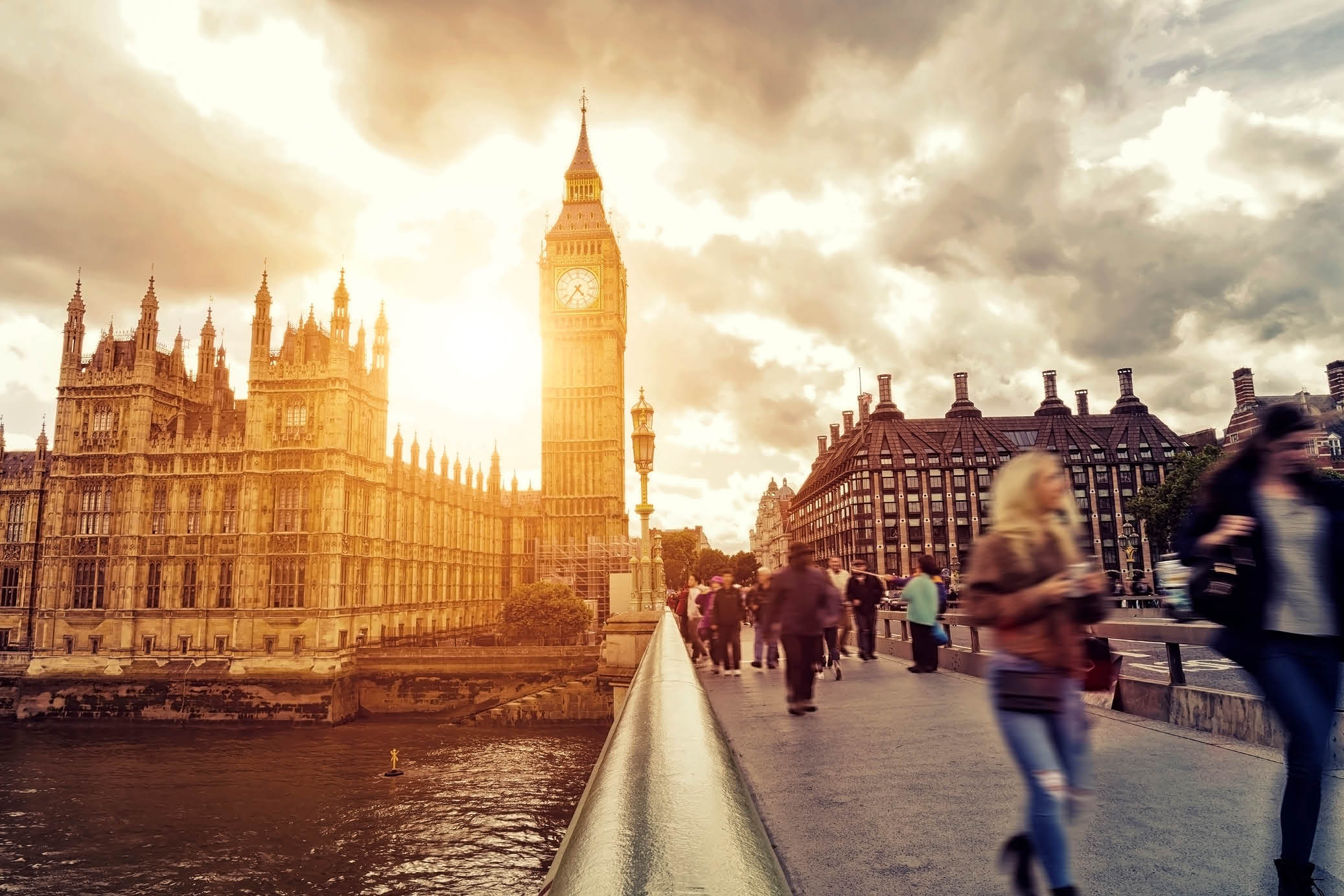 Dramatic sky over the Houses of Parliament at sunset