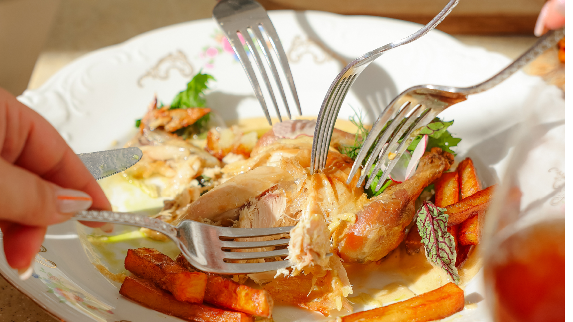 Group of people having gourmet dinner with seafood, chicken and salad served on French style plates on the table with cocktails and wine in cafe patio during sunny day