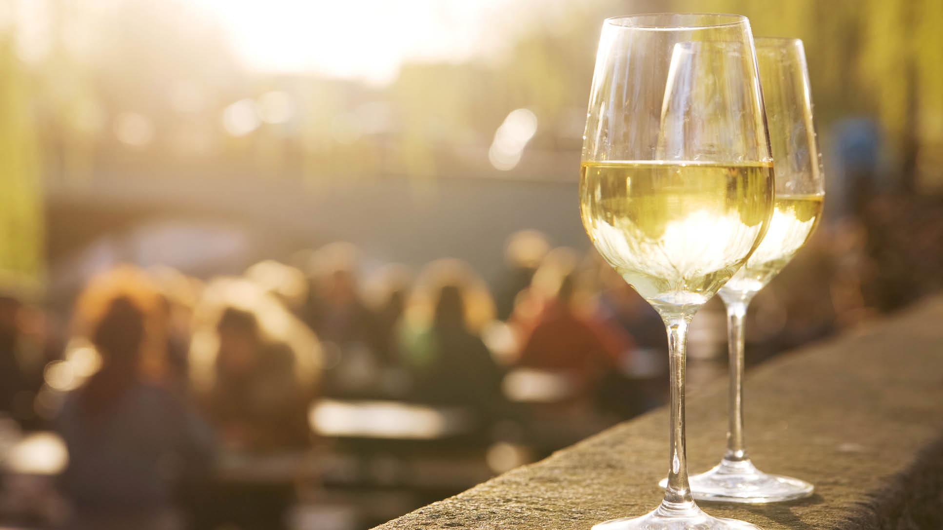 Two glasses of chardonnay on a sunlit cafe terrace, sunset light shining through the liquid.