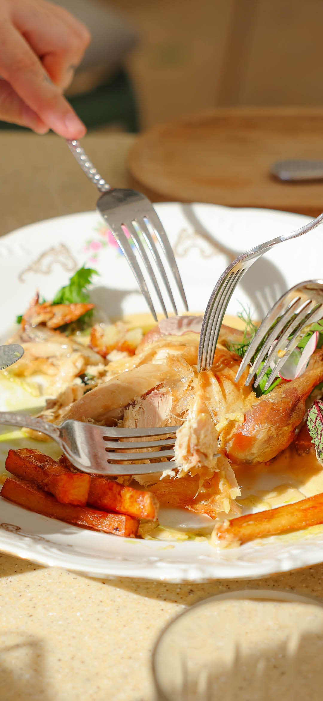 Group of people having gourmet dinner with seafood, chicken and salad served on French style plates on the table with cocktails and wine in cafe patio during sunny day