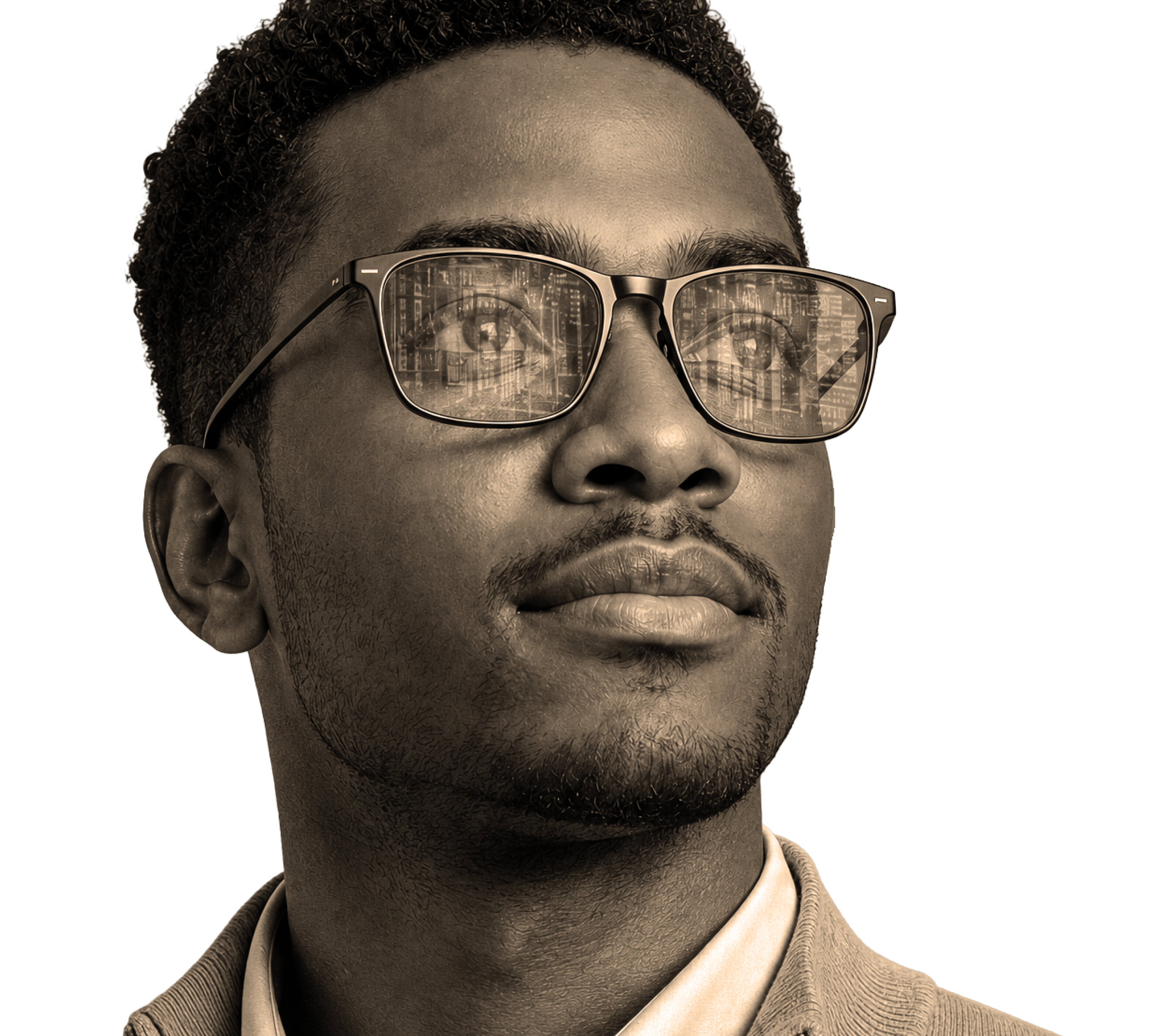 A man wearing glasses and a brown sweater. Description generated by AI