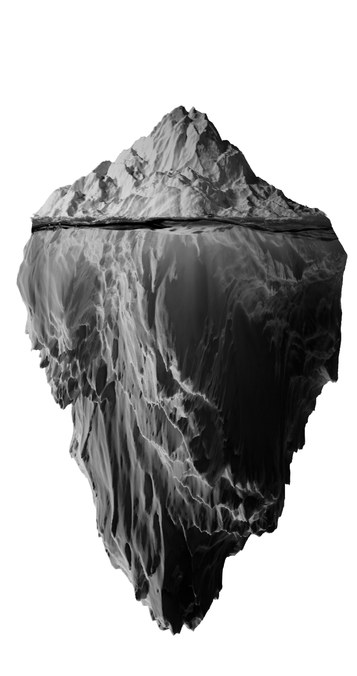A detailed grayscale illustration of an iceberg showing the smaller visible portion above water and the much larger submerged portion below. Description generated by AI